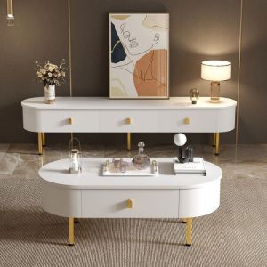 Combinaison légère et luxueuse dun meuble TV et dune table basse combinaison pour salon avec tiroirs coins arrondis - Blanc