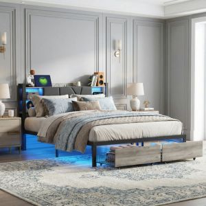 Structure de litPOCKETPOP140x190 cmUSB et LEDavec 2 tiroirstissu en pucadre de lit 140x190 cmCouleur noire et bois