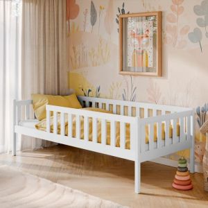 Lit enfant 80x180 cm - Avec sommier et barri&egrave;re de lit - Lit simple - Structure en bois de pin - Blanc
