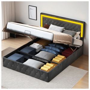 Lit Coffre 180x200 cm avec &Eacute;clairage LED Lit 2 Personnes de RangementLit Capitonne avec T&ecirc;te de Lit R&eacute;glable Velours Noir