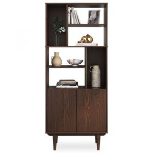 Buffet haut SIMONA 80x188 cm en bois massif coloris noyer avec 2 Portes 6 &Eacute;tag&egrave;res Vaisselier en hauteur