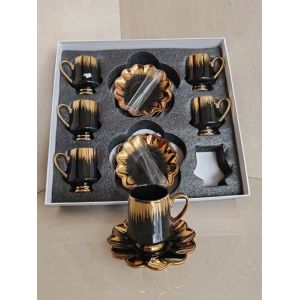Service a cafe - 6 tasses de cafe - 6 dessous de tasses - motif fleur- LEUMX - noir