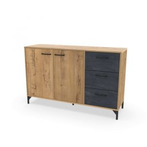 Buffet commode meuble de rangement coloris chêne doré/effet marbre noir - Longueur 135 x Profondeur 40 x Hauteur 85 cm