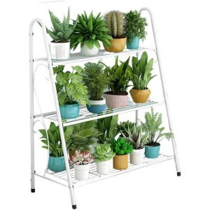 Etag&egrave;re &Eacute;chelle &Agrave; Fleurs 3 Niveaux Porte Plantes En M&eacute;tal Decoratif Pour Maison Jardin Terrasse - Blanc