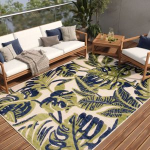 TAPISO Patio Tapis de Chambre Terrasse Cuisine Intérieur Extérieur Moderne Vert Bleu Feuilles Résistant Sisal 200x300 cm