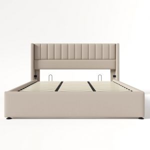 Lit de rangement Lit rembourr&eacute; hydraulique Lit double 180x200cm sommier &agrave; lattes en bois Lit avec sommier &agrave; lattes en m&eacute;tal lin