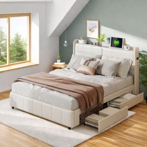 Lit double capitonné en cuir avec 4 tiroirs et sommier à lattes - 160x200cm - Lit Adulte avec LED - Lit Coffre avec USB - PU Blanc