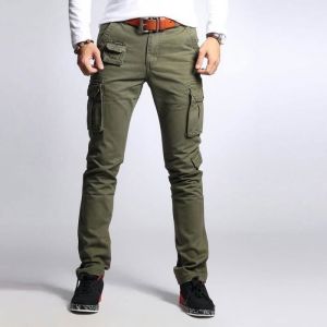 Pantalon Cargo Militaire Homme Multi-Poches Slim Fit Pantalon De Travail Exterieur En Coton Couleur Unie - Vert Militaire
