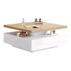 Table Basse Rotative Multifonction avec Plateau Pivotant 360&deg; Tiroirs Int&eacute;gr&eacute;s Panneau de Particules Blanc et Noyer 70x70x36 cm