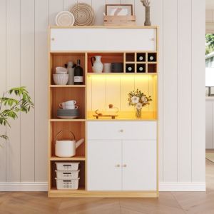 Buffet Haut de Cuisine avec LED Meuble de Rangement 1 Tiroir 3 Portes et &Eacute;tag&egrave;res Style Scandinave Blanc Bois 115&times;35&times;180 cm