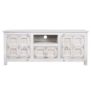 Meuble TV en bois de manguier coloris blanc vieilli - Longueur 151 x Profondeur 40 x hauteur 60 cm