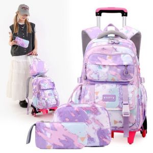 Trousse et Cartable a Roulette Fille - Trousse et Cartable Fille Primaire Coll&egrave;ge - Grande Capacit&eacute; - Nylon imperm&eacute;able - Violet