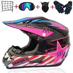 Casque Moto Cross Et Enduro Adulte Motocross  Casque Course avec Filet Lunettes Gants Masque Homme FemmeNoir rose étoiles