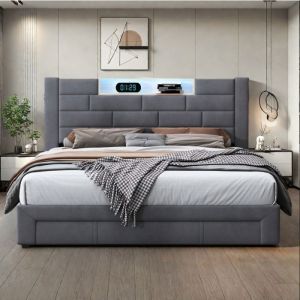 Lit 140x190 cm - Lit adulte avec LED et USB - Lit coffre 140x190 cm avec 3 tiroirs et tete de lit - Lit 2 personne - Tissu - Gris