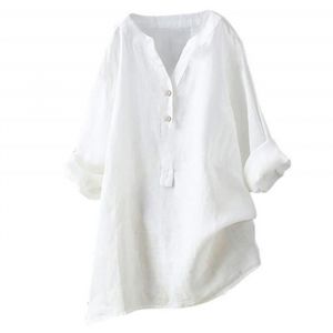 Chemise Lin Femme Chemisier Coton Et Lin pour Femmes Col en V Bouton Manches Longues Taille Pas Casual Coton Lin Tunique blanc