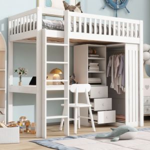 Lit mezzanine 90 x 200 cm avec bureau armoire 3 tiroirs rangements ouverts rambarde et escalier pin blanc sans matelas