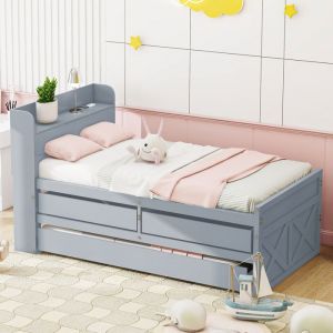 Lit simple lit en bois massif bois de pin 90x190 cadre &agrave; lattes de tiroir multifonctions table de chevet avec pris