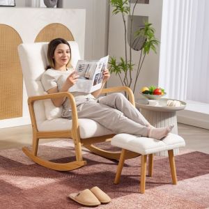 Fauteuil &agrave; bascule avec repose-pieds rocking chair en tissu bouclette pieds en bois 645 x 82 x 89 cm blanc