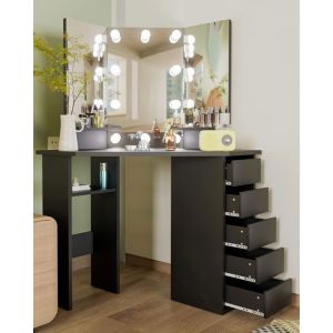 Coiffeuse Miroir et LED - HOMDOX - Coiffeuse dAngle Noir - 112x50x143cm - 5 tiroirs - étagère - Coiffeuse pour Femme Style Moderne