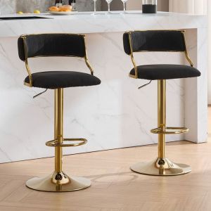 Wahson Tabouret Bar Lot de 2 Tabouret de Bar Réglable en Velours Chaise Haute Bar Pivotant avec Pied Doré pour Ilot Central Noir