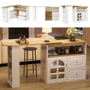 Table &agrave; Manger - Rotative 360&deg; - Verre Tremp&eacute; Courbe - Extensible - Design Moderne Blanc