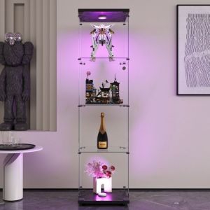 Vitrine en VerreVitrine avec &eacute;clairage Led Vitrine Verre avec Porte avec 4 &eacute;tag&egrave;res de Rangement Vitrine SalonNoir