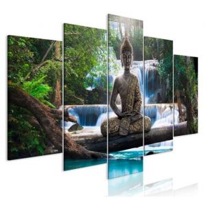 Impression sur Toile intissée Bouddha 150x75cm 5 Pieces Tableau Image Motif Moderne Décoration Zen Orient Cascade Paysage sans