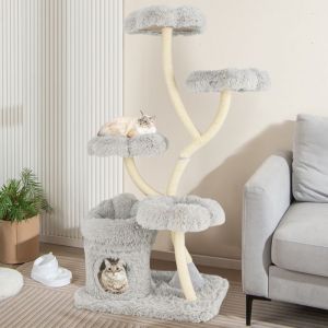 GOPLUS Arbre &agrave; Chat 165 CM 4 Plates-Formes en Forme de Fleur GrotteGriffoir en Sisal Centre d&rsquo;Activit&eacute;s pour Chats Gris