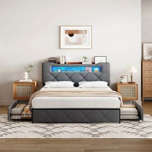 Lit 140 x 200 avec sommierlit 140Lit 140x200cadre de litLit double 140x200rangement t&ecirc;teLEDUSB4 tiroirsVeloursGris