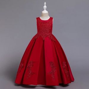 Robe Mariage et Cérémonie Filles Loose Impression et broderie Robe Demoiselle Enfant 5-14 Ans - Rouge