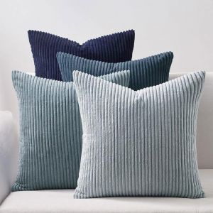Housse de Coussin 50x50cm en Velours Côtelé Durable TOPFINEL Decoration Canape Salon Lot de 4 pour Deco Chambre Déco Aesthetic Bleu