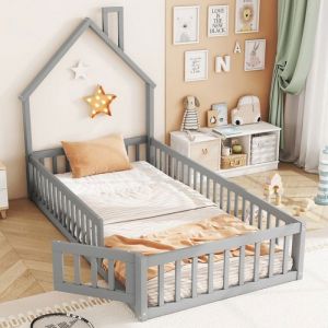 Lit cabane sol 90 x 200 cm Lit enfant lit au sol bebe avec sommier &agrave; lattes pin gris matelas non inclus