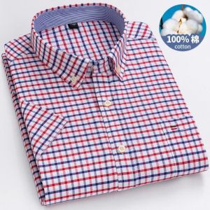 Chemise 100% Coton Chemise à manches courtes Oxford respirante pour homme Chemise oversize rayée à carreaux dété Rouge