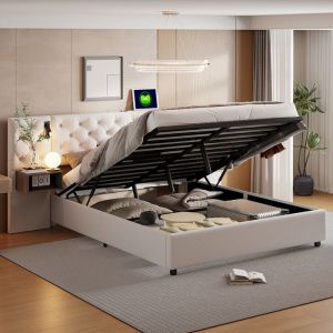 Lit coffre 160 x 200 avec sommier lit hydraulique avec lampe de chevet et USB lit 160x200 tête de lit extra-longuevelours beige