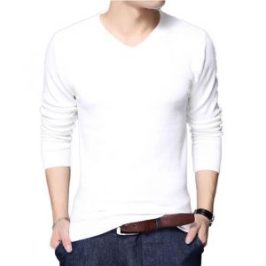 Tee Shirt Hommes Manches Longues - INSFITY - Blanc - Slim - 95% Coton - Col V