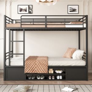 Lit superposé - Non spécifié - 90x200 cm - 2 places - Métal noir - Armoire à chaussures