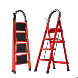 Seven Comfort-Escabeau 4 marches-Pliant avec P&eacute;dale Antid&eacute;rapante-Charg&eacute; 150KG-Acier-Rouge