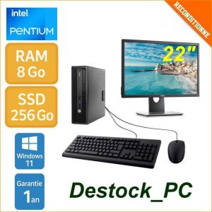 PC Bureau Reconditionné - Unité Centrale + Moniteur 22 - Intel Pentium - 8 Go - SSD 256 Go