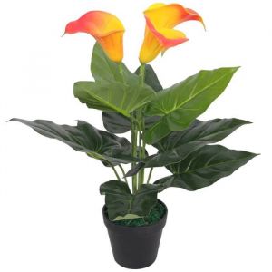 Plante artificielle Lis Calla - WIENS - 45 cm - Rouge et jaune - 9 feuilles - 3 fleurs - Pot plastique 85-125x11 cm