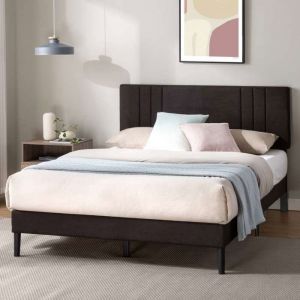 Zinus Zoya Lit capitonné 140x190 cm Lit 2 personnes Cadre de lit rembourré avec tête de lit Hauteur 30 cm Gris foncé
