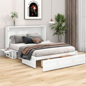 Lit double 140x200 cm avec rangements transformable en armoire  lit escamotable avec tiroirs et &eacute;tag&egrave;res blanc (sans Matelas)