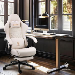 Chaise Gaming Ergonomique - Dowinx - Cuir PU Blanc - XXL - Masseur USB - Repose-pieds