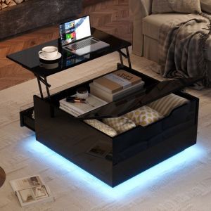Table basse noire relevable 70 cm avec LED - 1 tiroir portes rabatables - Design brillant et fonctionnel pour salon