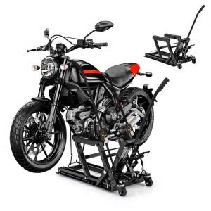 GOPLUS Lève-moto Hydraulique à Ciseaux Charge 680KG avec Manche Long-4 Roues-Plage de Levage de 12-385 CM-106x36x74-91CM-Noir
