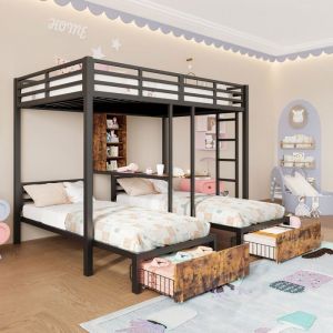 Lit superpos&eacute; enfant 3 places 90/140 x 200 cm Lit adulte Lit triple en m&eacute;tal avec 2 tiroirs 4 compartiments et sommier &agrave; lattes