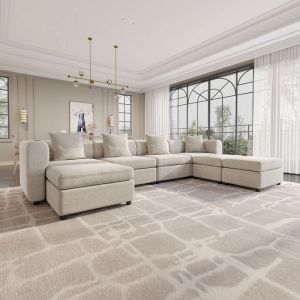 Canap&eacute; d&rsquo;angle panoramique 7 places en tissu modulable avec m&eacute;ridienne et pouf grand sofa scandinave moderne salon s&eacute;jour gris