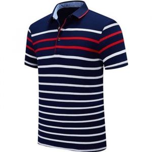 Polo Homme INSFITY - Manches Courtes &agrave; Rayures - 100% Coton - Casual Col Revers - Bleu Rouge