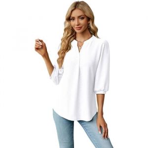 Chemisier Femme Col En V Manches 3-4 Couleur Unie Casual Chemise L&acirc;che Ete D&eacute;contract&eacute; Confortable - Taille EU - Blanc