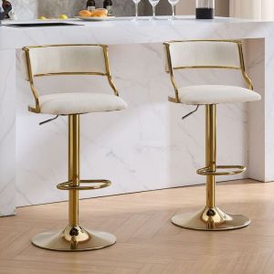 Wahson Tabouret Bar Lot de 2 Tabouret de Bar Réglable en Velours Chaise Haute Bar Pivotant avec Pied Doré pour Ilot Central Beige