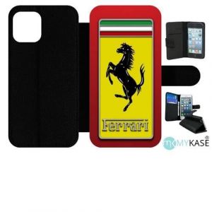 Etui à rabat compatible avec apple iphone 12 pro - ecusson ferrari - simili-cuir - bord noir